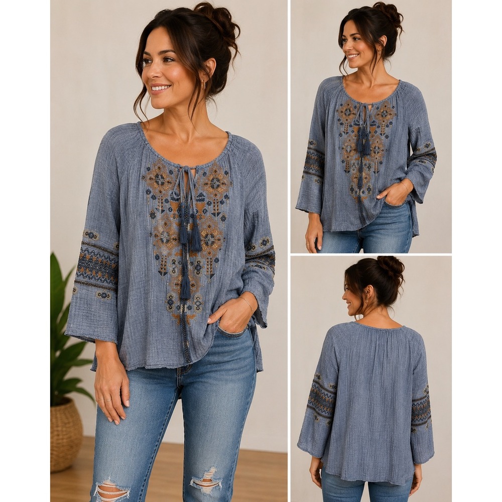 Johnny Was Workshop Blue Embroidered Cotton Gauze Peasant Blouse Small W12619-2